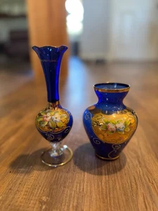Cobalt Blue Bud Vase and Vase Bohemian Czech Hand Painted Art Glass 7. 5 & 5” - Picture 1 of 9