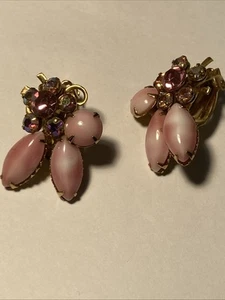 BEAU JEWELS Rhinestone+ Clip On Earrings AB Pinks Estate Find STUNNING Navette + - Picture 1 of 14