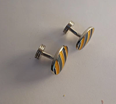 Charles Tyrwhitt 搪瓷袖扣银色带蓝色和黄色条纹 — 第 1/2 张图片