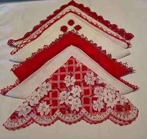 Menge 6 Vintage rot & weiß Damen Taschentücher Taschentücher handtätowiert - Bild 1 von 7