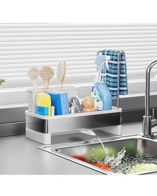 Soporte de esponja para platos - Carrito de fregadero de acero inoxidable y PP giratorio 360° auto-drenaje... Foto 1 de 4