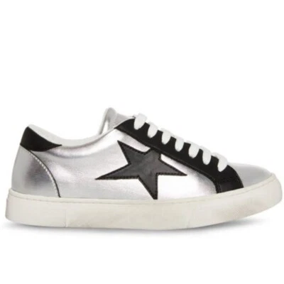 NUEVA Zapatilla Steve Madden Rezume Plateada/Negro Con Cordones Punta Redondeada Moda Cuero Foto 1 de 4