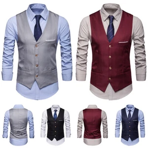 Men's V Neck Single-breasted Vest Coat Business Dress Waistcoat Four Buttons - Picture 1 of 17