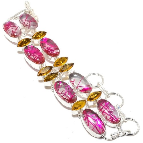 VALENTINO Bracciale Argento Sterling 925 Quarzo Rutilo Rosa Fatto a Mano 7 8"