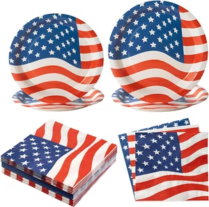 192PCS American Flag Patriotic Party Plates and Napkins Set Supplies for Veteran - Picture 1 of 12