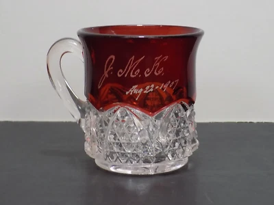 Duncan U.S. Glass Button Arches Ruby Stained EAPG Souvenir Mug J.M.K. 1907 - Image 1 of 4