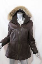 MICHAEL KORS Brown Leather Real Coyote Fur Trimmed Hood Jacket L