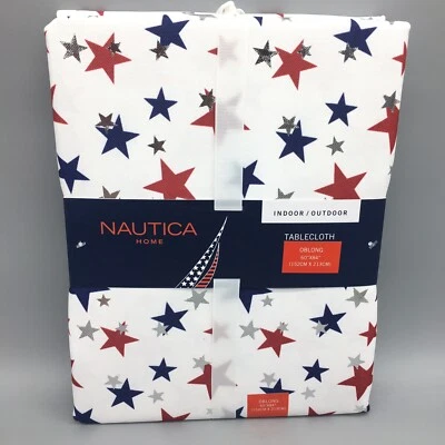 Nautica July 4th Star Tablecloth 60x84 Patriotic Silver Foil Red Blue In/Outdoor - Image 1 of 4