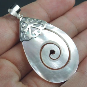 925 Sterling Silver Teardrop Spiral Design Mother of Pearl Pendant, MOPP-132 - Picture 1 of 7