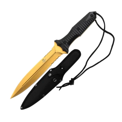 Tactical Knife Spear Point Double Edge Gold Full Tang 3.5mm Thick Sharp Large - Image 1 of 4