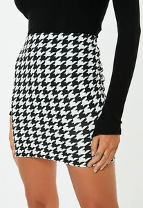 NEW WOMENS DOGTOOTH HOUND PRINT FITTED MINI PENCIL BODYCON SKIRT SIZE  - Picture 1 of 4