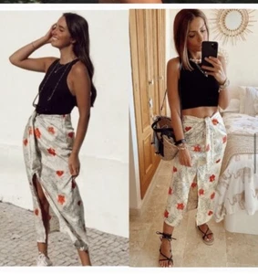 zara women floral skirt xs slit red flowers - Picture 1 of 1
