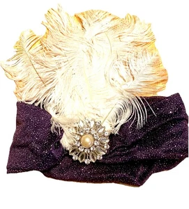 Flapper Style Feather Stretch Headpiece Handcrafted Purple White W Rhinestones - Picture 1 of 3
