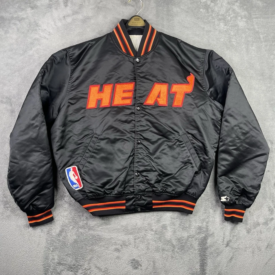 Vintage Miami Heat Jacket Mens XL STARTER Satin Bomber Snap Black Orange NBA USA - Image 1 of 4