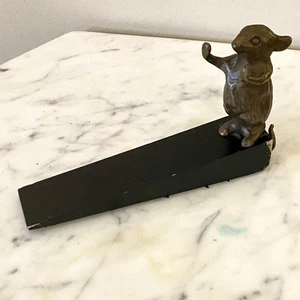 Vintage Türstopper Maus auf Holzkeil aus Messing oder Bronze - Bild 1 von 11