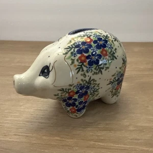 Polnische Keramik Sparschwein Boleslawiec handbemalt blau Blumenmuster - Bild 1 von 6