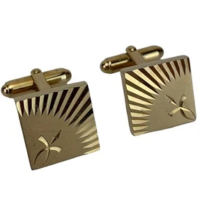 VTG Anson Square Sunburst Diamond Cut Gold Tone Cufflinks Engraved Square 50 60s - Picture 1 of 11