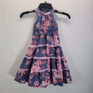 Matilda Jane Girls 4 Blue Pink Floral Tiered Sundress Ruffles Smocked Waist - Picture 1 of 8