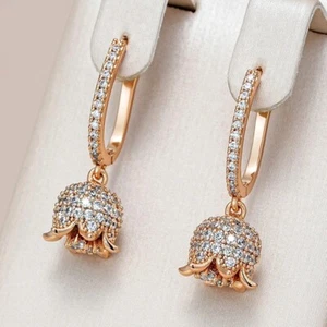 Flower White CZ Long Drop Earrings 585 Rose Gold for Women Wedding jewelry gift - Picture 1 of 6
