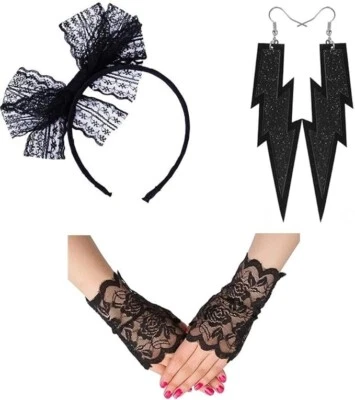 Diadema de encaje para mujer pendientes de neón guantes sin dedos para fiesta de los 80 pop diva cos Foto 1 de 4