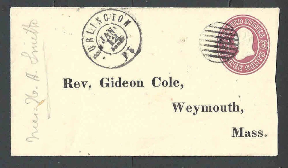 1861 U34 3c Pink On White Used Entire Size 1 W/Patent Lines Neat Cancel - Image 1 of 1