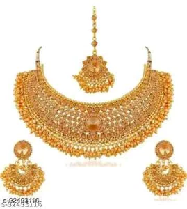 Set gioielli orecchini collana da sposa girocollo Kundan placcato oro indiano Bollywood - Foto 1 di 5