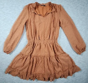 V Neck Long Sleeve High Waist Ruffle Tiered Swing Mini Dress Womens Size Small - Picture 1 of 6