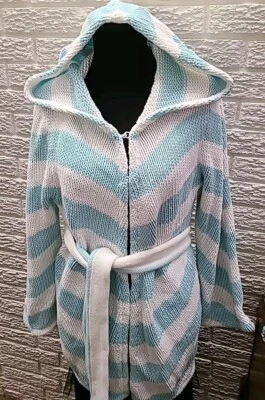 Alice + Olivia Belted Cardigan Sweater Coat Size Medium Aqua Chevron Z295-20 - Image 1 of 4