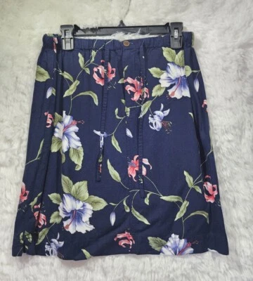 [588] Caribbean Joe Size M 100% Rayon Blue Navy Floral Hawaii Skirt  - Image 1 of 4