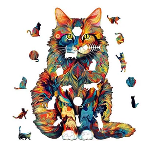 Cat Wooden Jigsaw Animal Puzzles Adults And Kids Unique Cat Shape Wood Puzzles - Picture 1 of 9