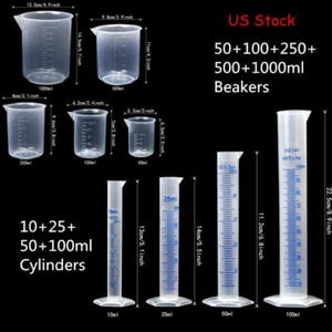 Lab Plasticware Set,4 Clear Plastic Graduated Cylinders with 5 Beakers +1 Brush - Picture 1 of 7