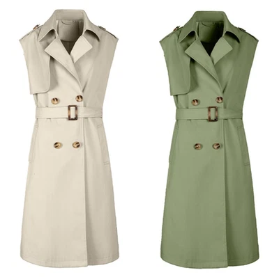 Women Long windbreaker Double-Breasted Classic Vest Lapel Belt Waistcoat Jacket - Image 1 of 4