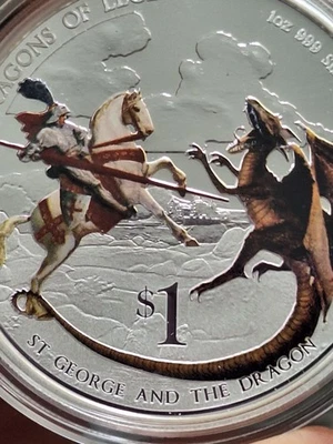 TUVALU 2013 DRAGONS OF LEGEND 1$ ST.GEORGE & DRAGON 1 oz. SILVER COLORED PROOF - Image 1 of 4