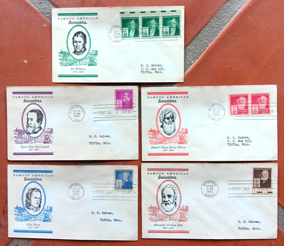 1940 FAMOUS AMERICAN INVENTORS ALEXANDER BELL  MORSE COMPLT SET 5 ioor CACH FDCS - Image 1 of 1