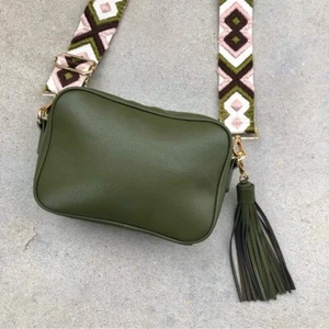 Ahdorned Olive Green Leather Crossbody Bag with Patterned Guitar Belt Strap - Picture 1 of 12