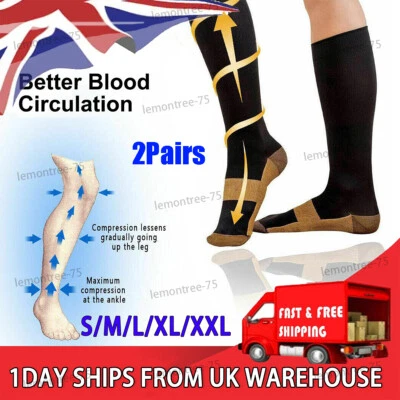 2 Pairs Copper Compression Socks 20-30mmHg Graduated Support Mens Womens S/M-XXL - Image 1 of 4