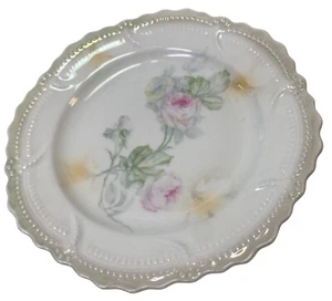 Antique~Leuchtenburg~Germany 6" Plates Pink Roses Scalloped Edge Beaded Set of 4 - Picture 1 of 12