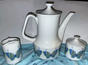 Vintage MCM blau Schmetterling Hippie Stil Tee/Kaffeekanne Sahne Zucker Set Japan 1960-70er - Bild 1 von 12
