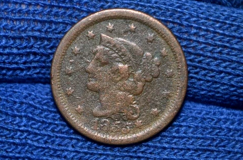 1855 Large Cent - N9 * Slanted 5's * Knob On Ear * VG/F  Details ** Cover