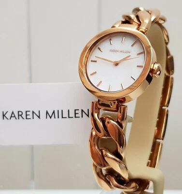KAREN MILLEN Relógio Feminino Pulseira Corrente Vidro Curvo Ouro Rosa RRP £ 189 NOVO (KM9 - Imagem 1 de 4