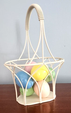 Easter Eggs Glass Colored + Oval Cream Wire Egg Gathering Basket Cover