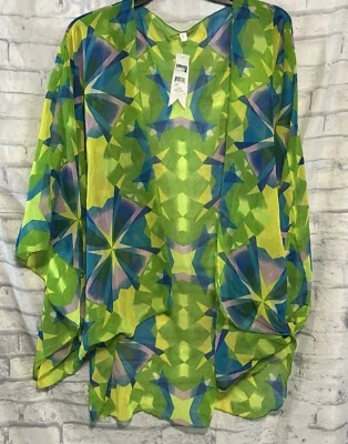 Cruise Club Womens S/M Cover Up Swim Kimono Green Blue Purple Geometric NWT - Image 1 of 4