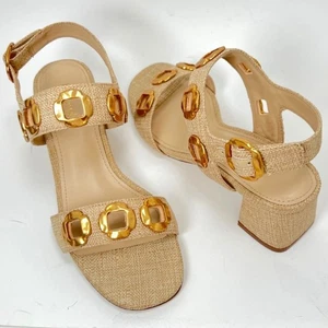 Larroudé Milan Block Heel Sandals Beige Women Brazil Raffia Sandals Size 6.5 - Picture 1 of 12