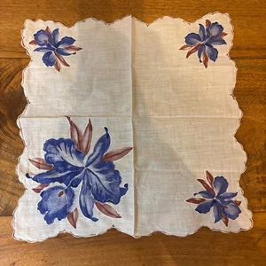 Vintage Blue Orchid Printed Square Hankie Handkerchief Scalloped Edge - Picture 1 of 6