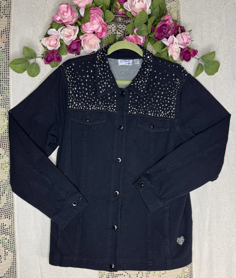Quacker Factory DreamJeannes Jacket Womens Large Black Rhinestone Studded Denim - Image 1 of 4