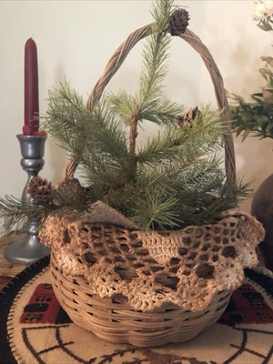 Vtg Antique Rattan Wicker Gathering Basket Handles 1992 Signed Helga Amish Made - Image 1 of 4