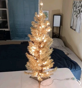 Vintage Aluminum Tinsel Christmas Tree 4 feet With Stand and lights Silver Gold - Picture 1 of 15