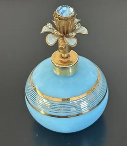 Vintage Irving W Rice Blue Perfume Bottle with Floral Top West Germany LOVELY! - Picture 1 of 8
