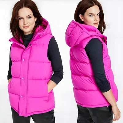 BCBG Generation Hot Pink Puffer Vest Removable Hood Feather Free Womens Medium - Image 1 of 4
