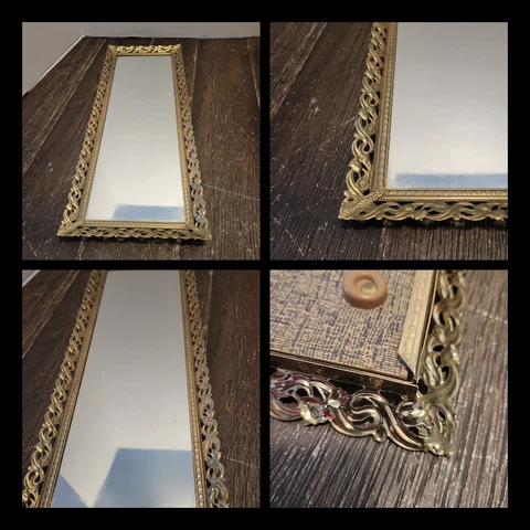 Vintage Hollywood Regency Gold Ornate Mirror Brass Gold Metal Scroll Rectangle Cover